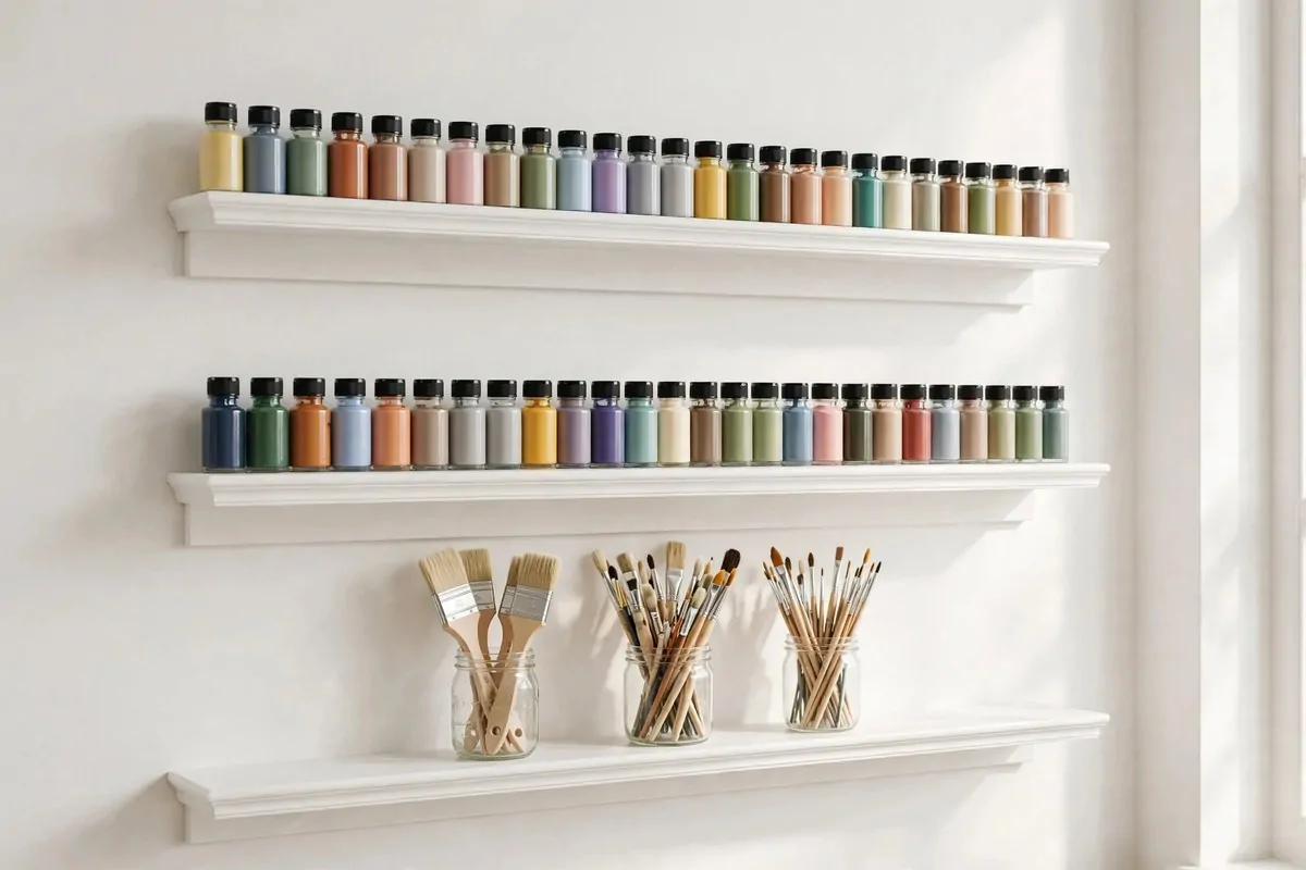 Picture ledges holding rows of paint bottles and brush jars
