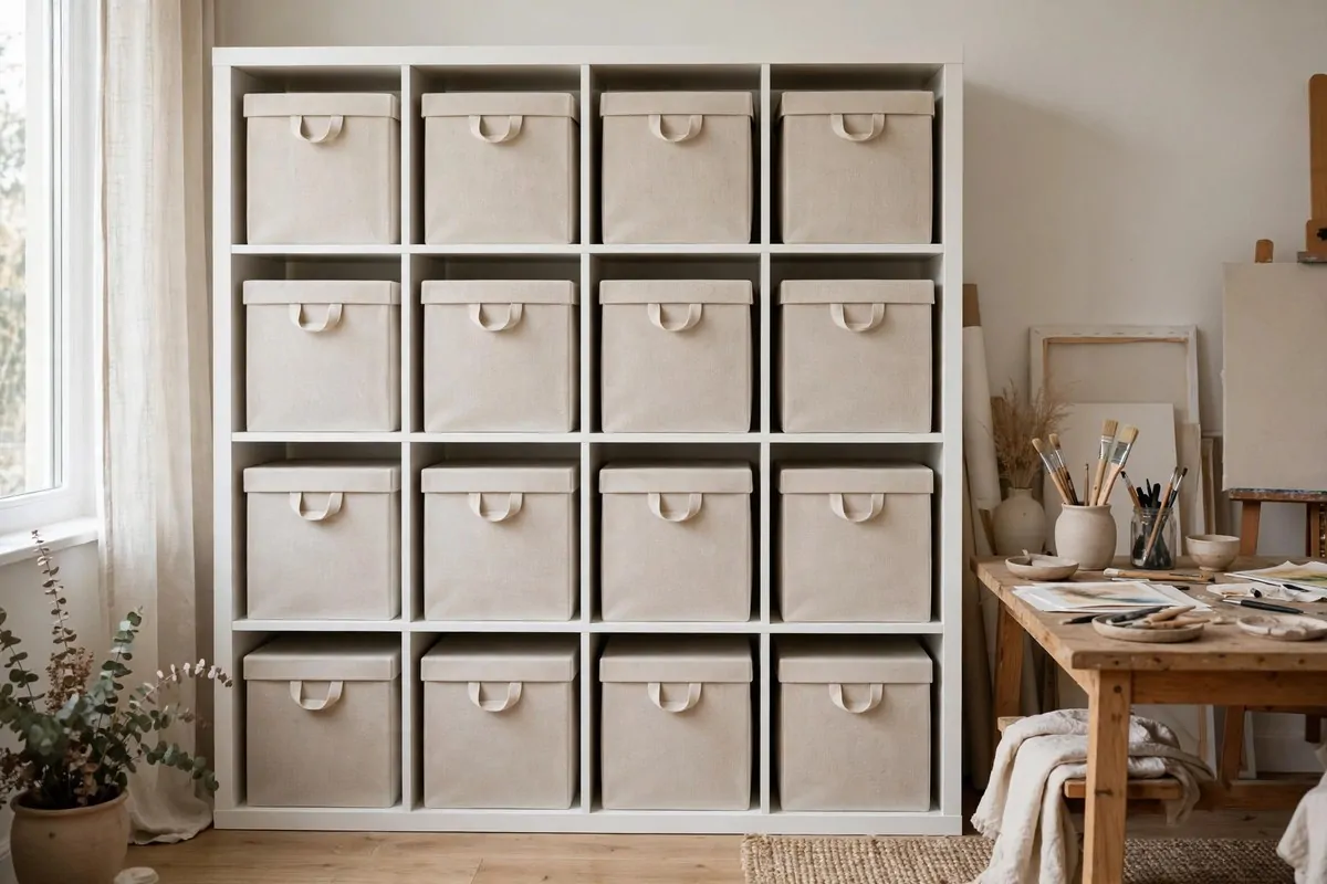 Cube shelving with matching beige DRONA fabric boxes