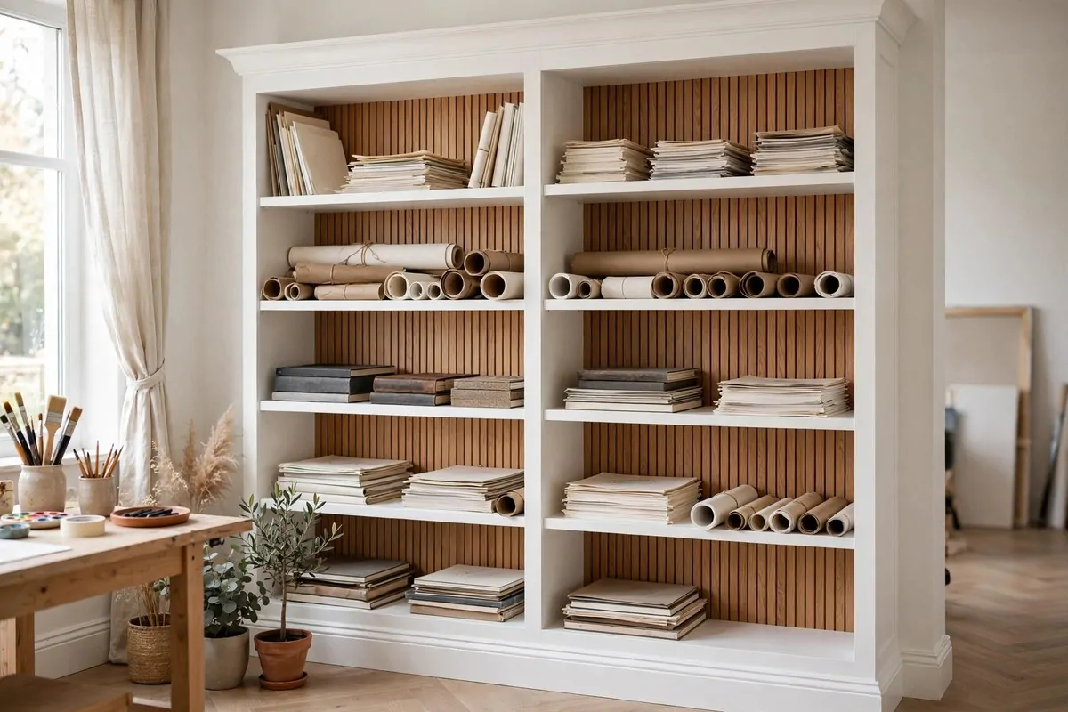 White bookcase with added back panels holding art paper and canvases