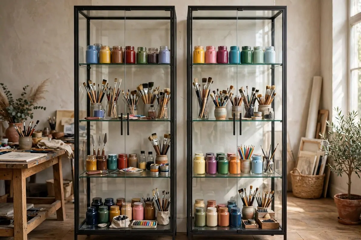 Glass display cabinets with art supplies arranged like a gallery