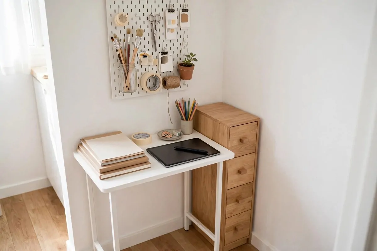 Compact corner art desk with pegboard for a small-room studio