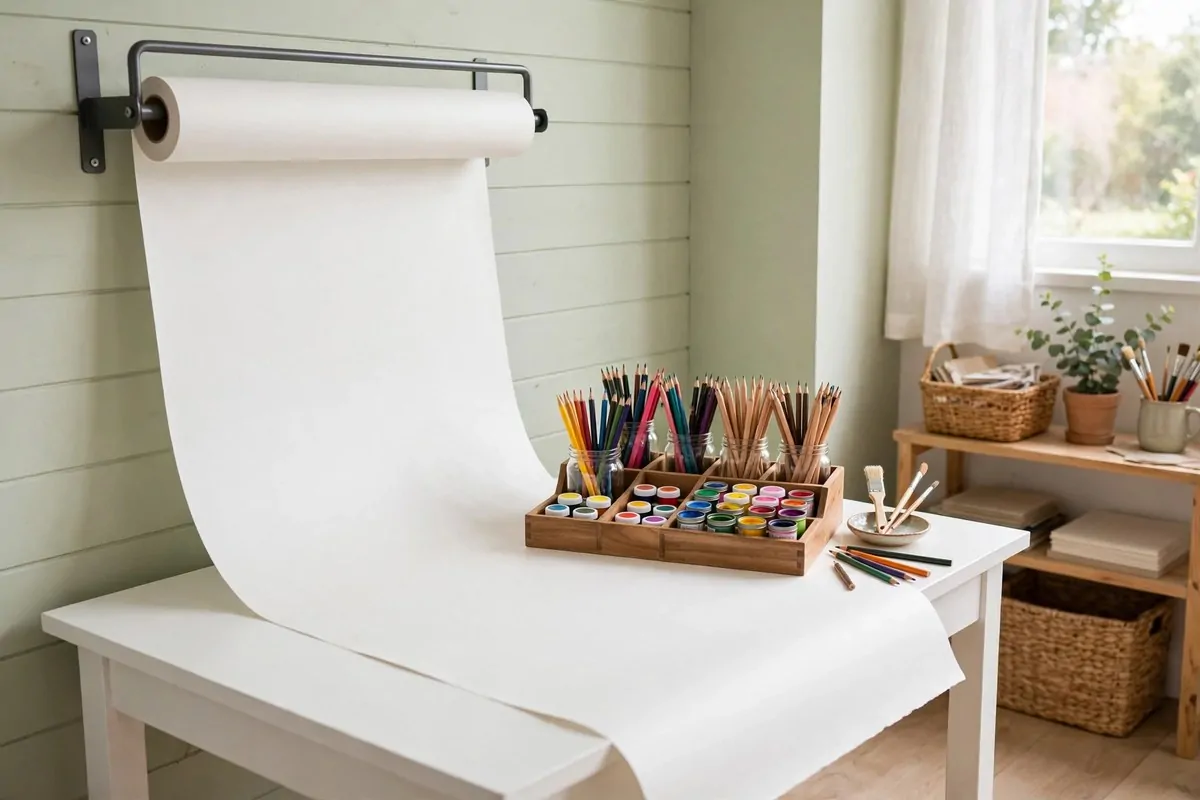 Kids art station with paper roll holder and pencil caddy