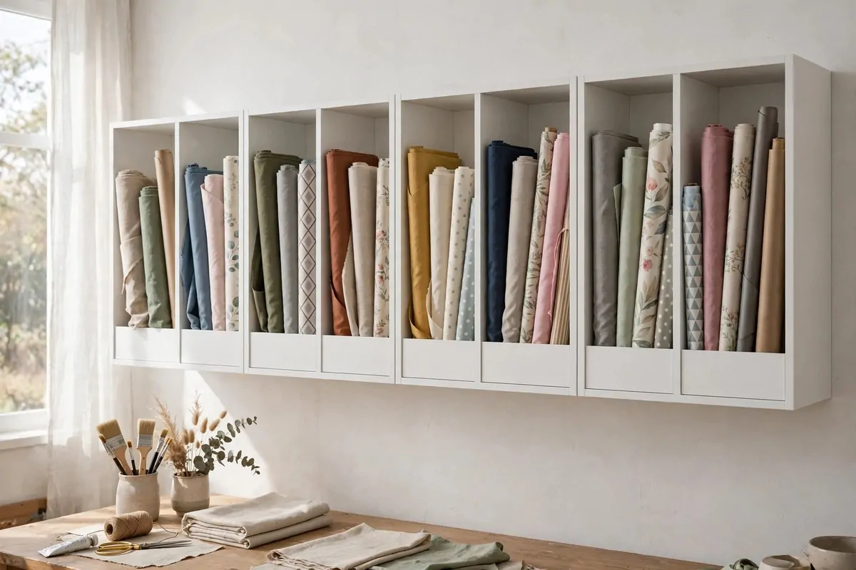 Wall-mounted storage cabinets holding rolled fabric horizontally