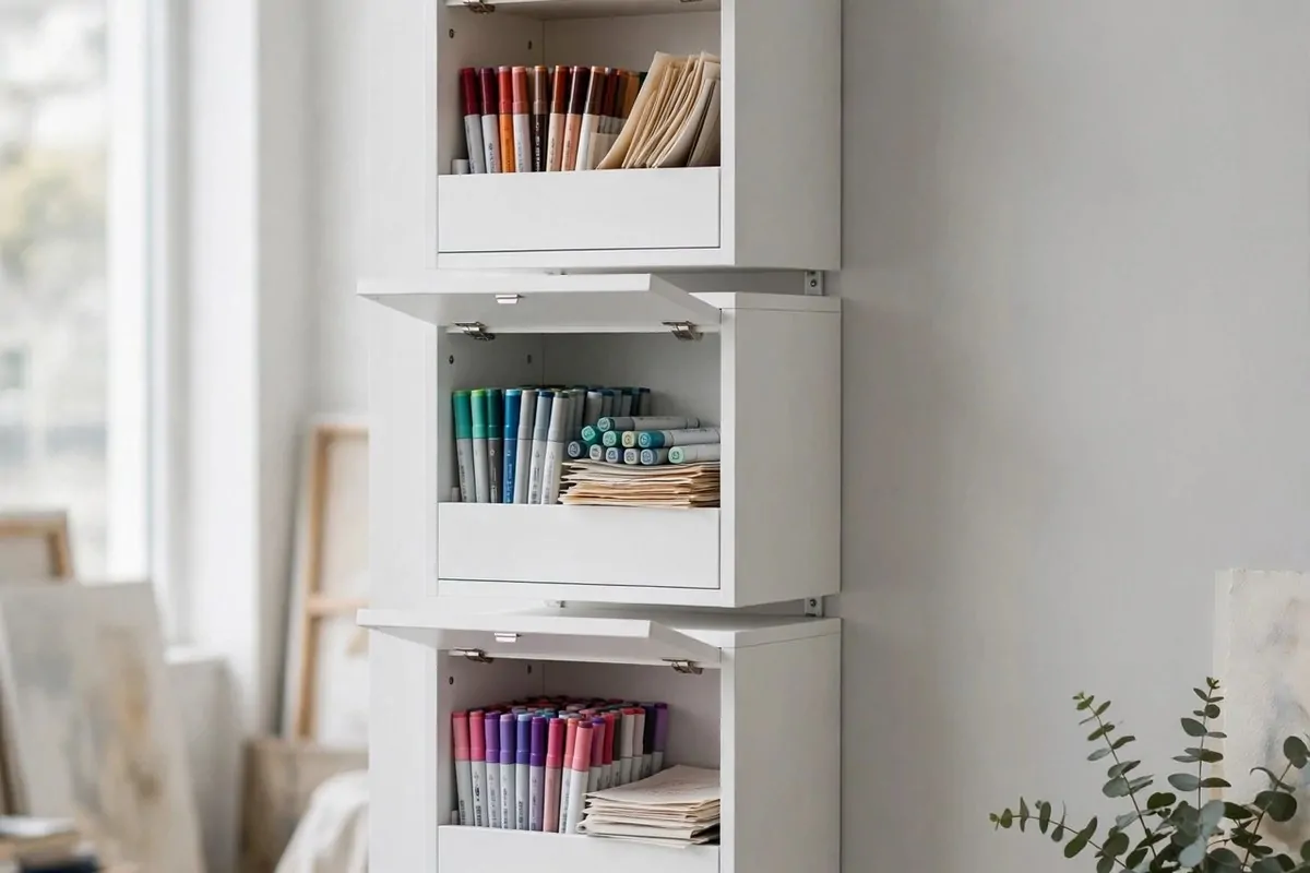 Slim white wall cabinets stacked into a tall storage column