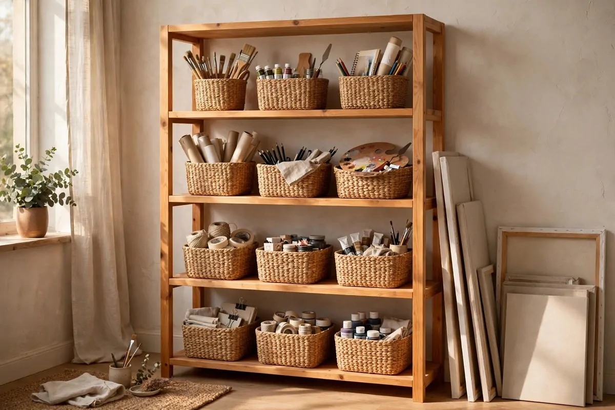 Pine shelving with woven baskets organizing art supplies