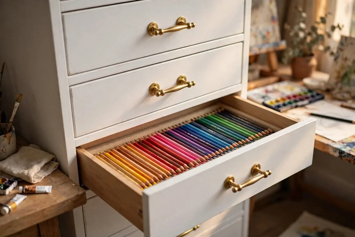 White drawer unit with new brass knobs installed