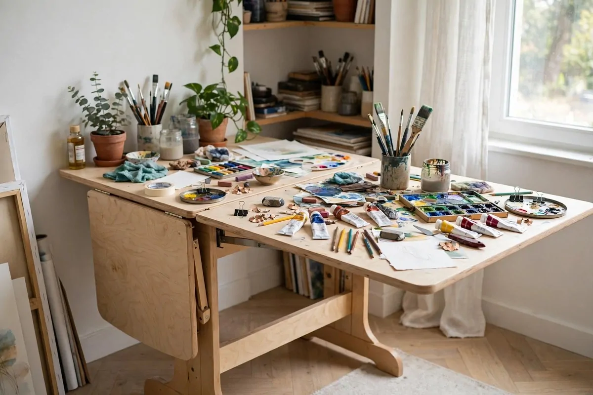 Drop-leaf table extended as a large art work table