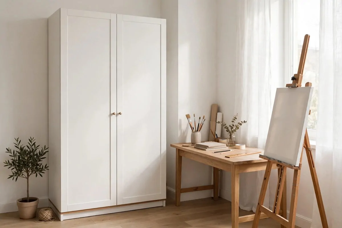 Closed white wardrobe hiding art supplies in a tidy studio corner