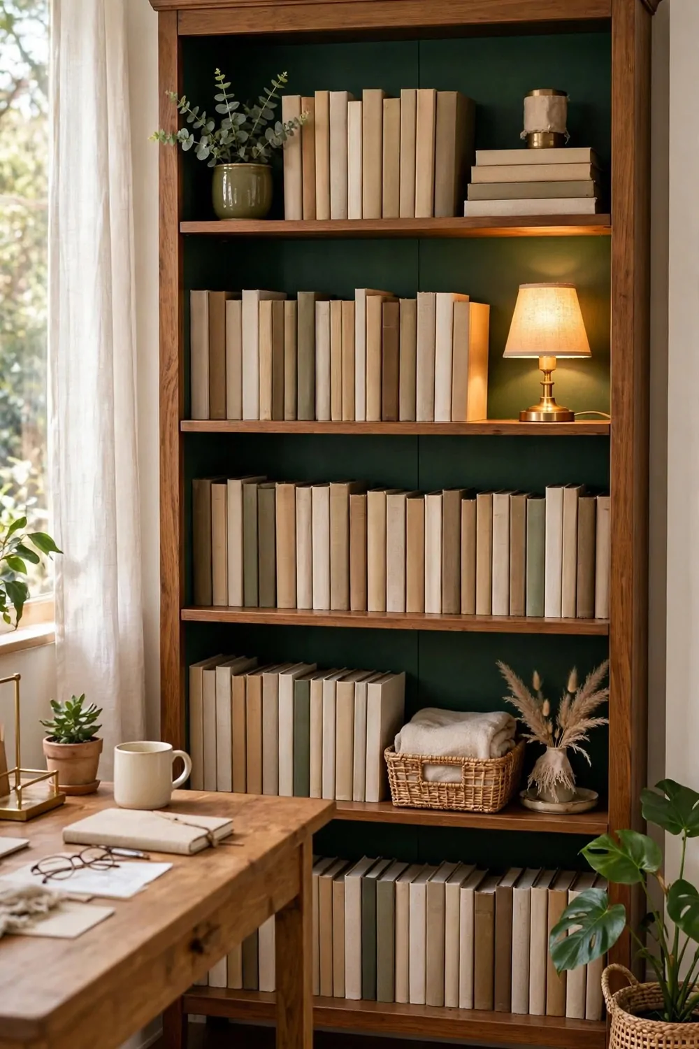 A bookshelf with its back panel painted deep green, books neatly arranged against the dark green back, a small lamp nearby, warm light