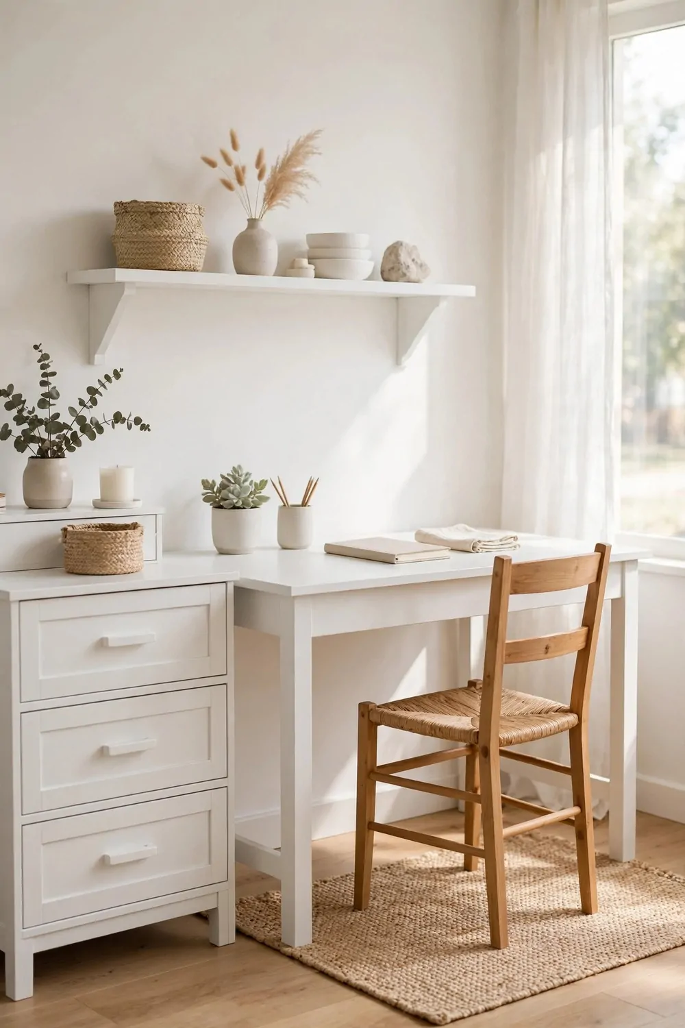 A home office set all painted the same soft white, white desk, white shelf and white drawer unit together, one wood chair, tidy and calm