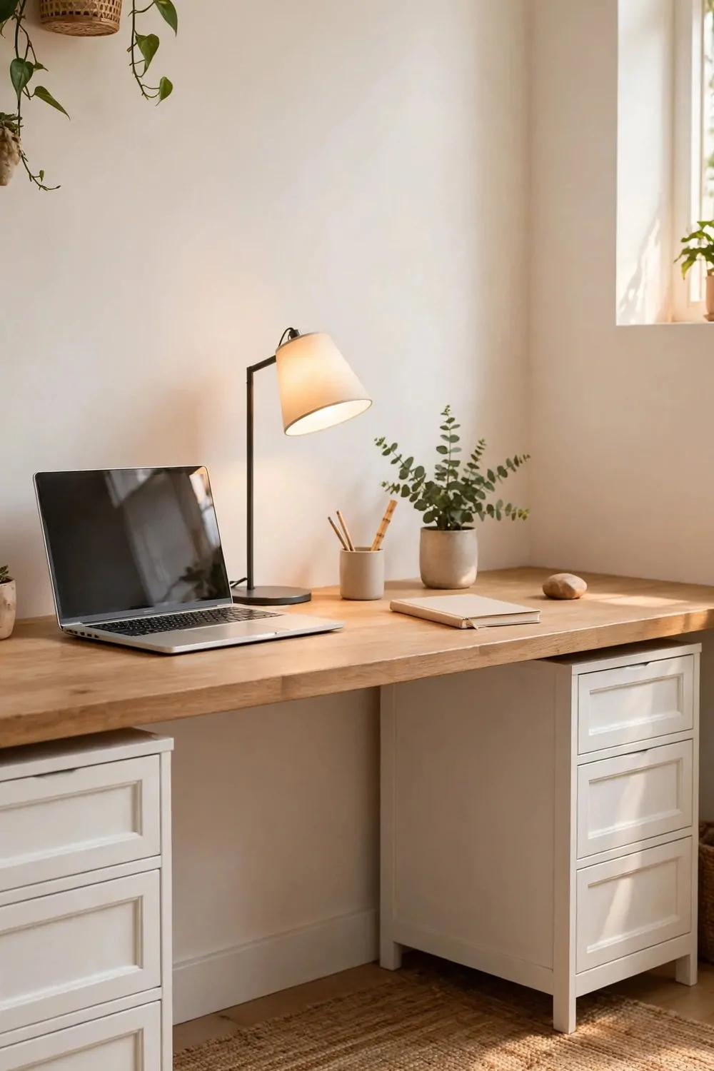 A long plain wood desktop running from one wall to the other, resting on two white drawer units, laptop and lamp on it, no gaps at the walls