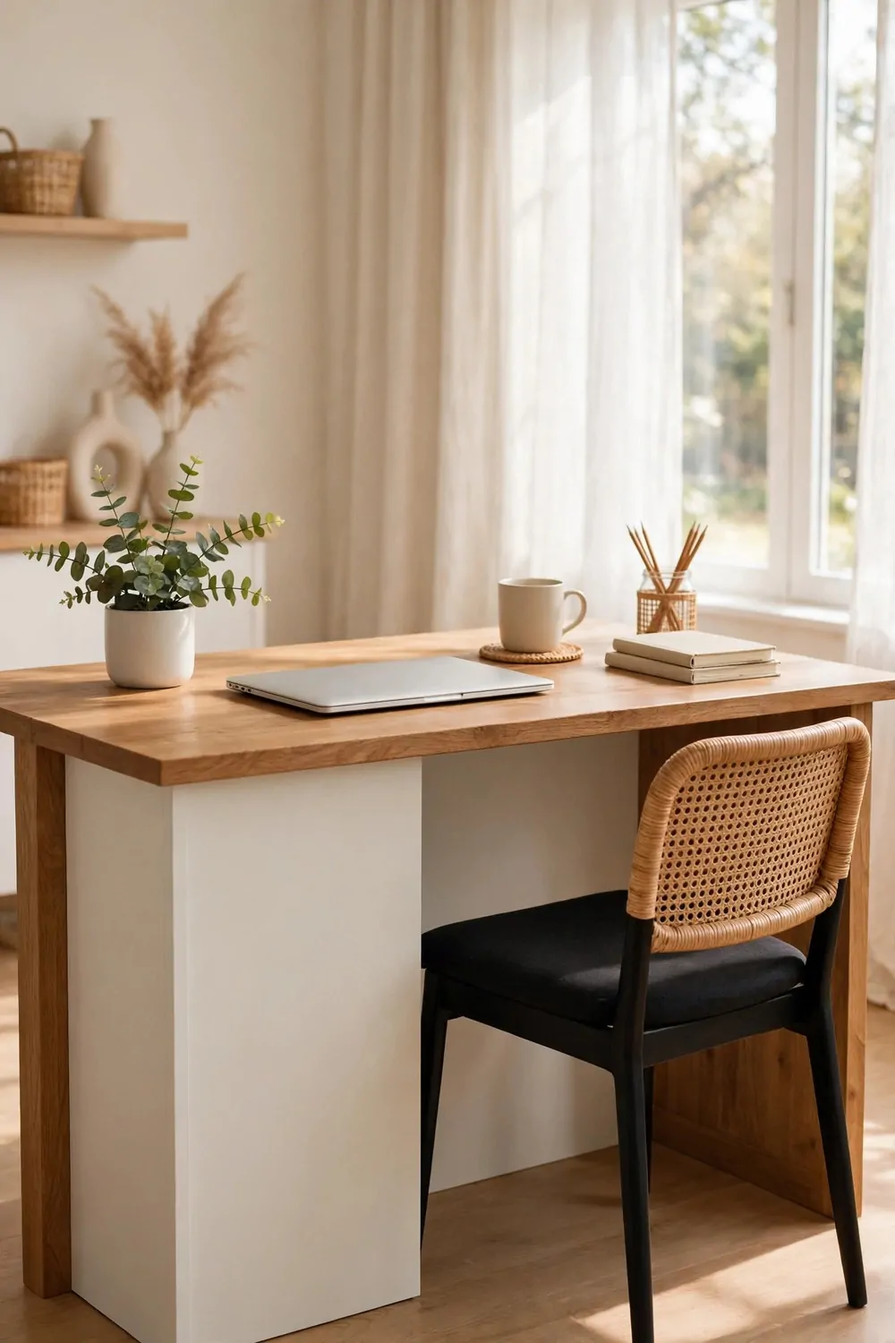 A wood desk with a plain painted front panel hiding the legs underneath, laptop on top, chair pushed in, bright room