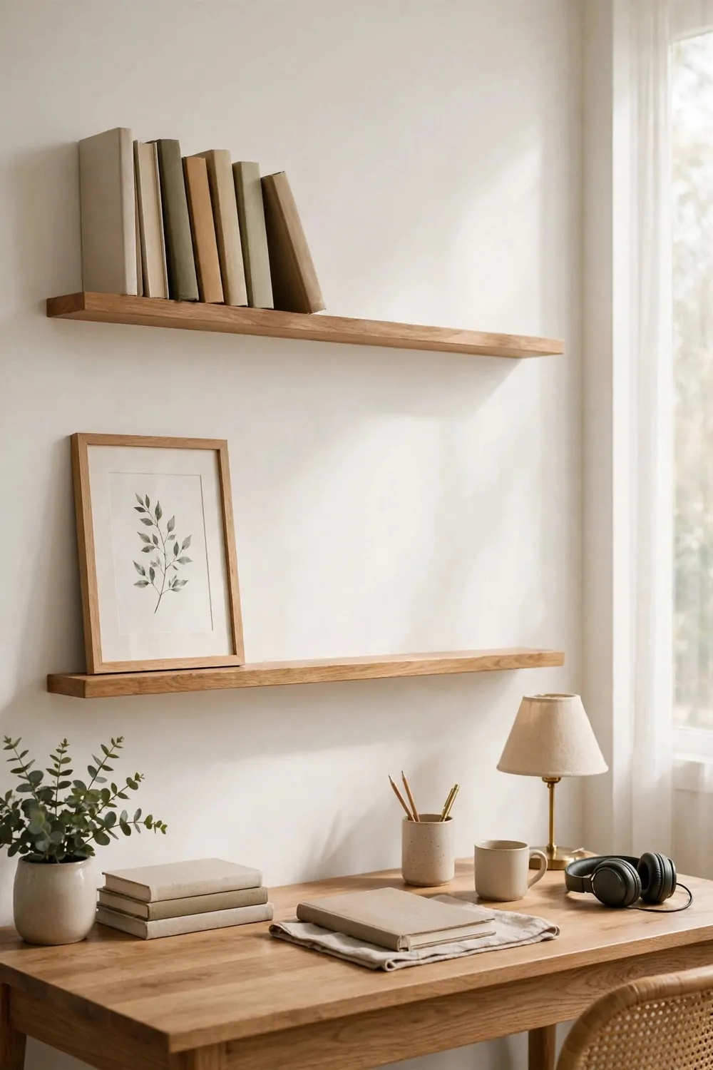 Two narrow wooden picture ledges on a white wall above a desk, books on the top ledge, a framed leaf print on the lower ledge, tidy office below