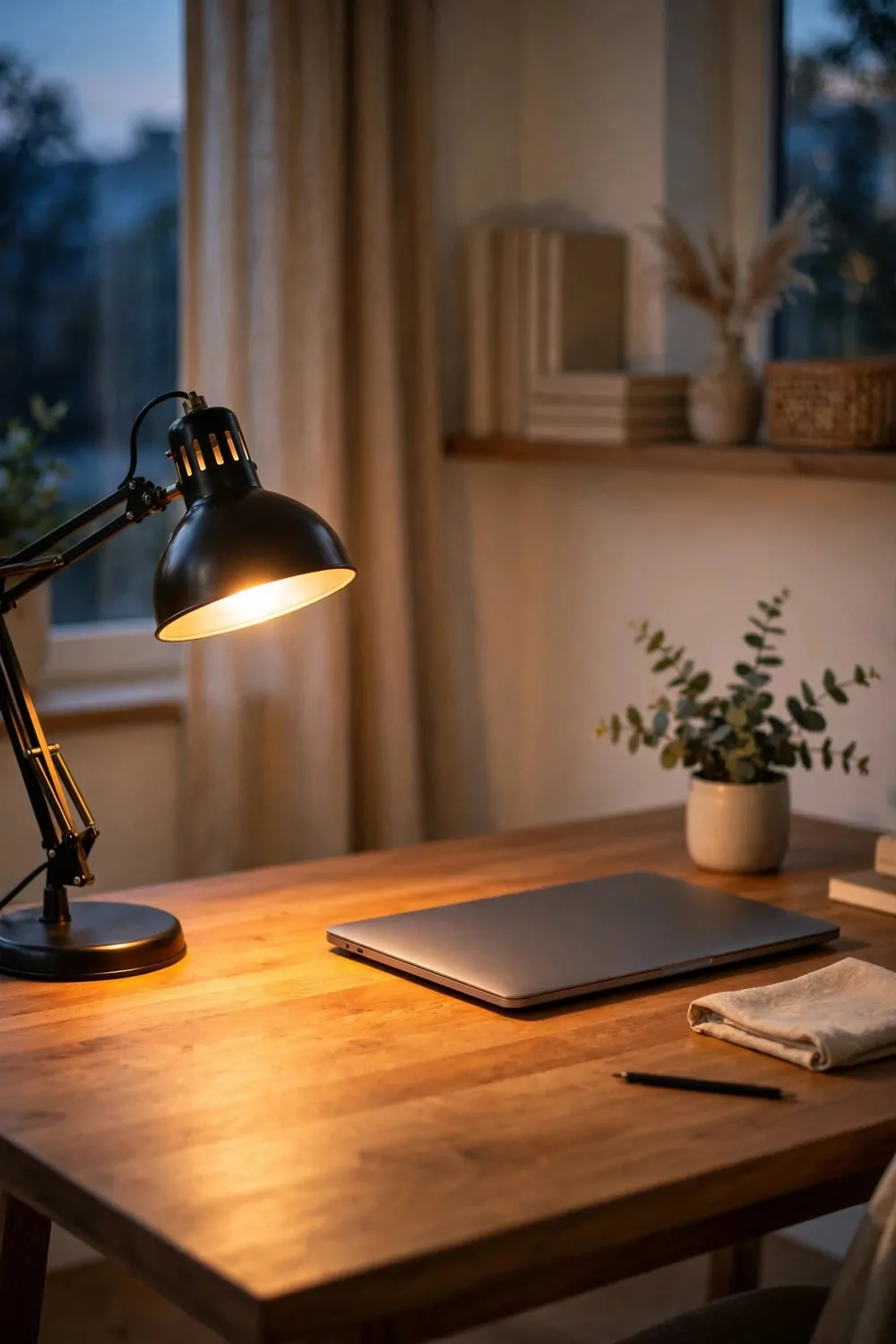 A warm desk lamp with a black metal shade glowing amber on a wood desk at dusk, laptop beside it, soft warm light pool on the desk