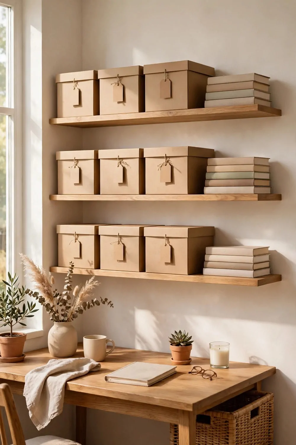 Open shelves with matching plain kraft storage boxes with lids, all the same size and colour, small plain tags on them, books beside the boxes
