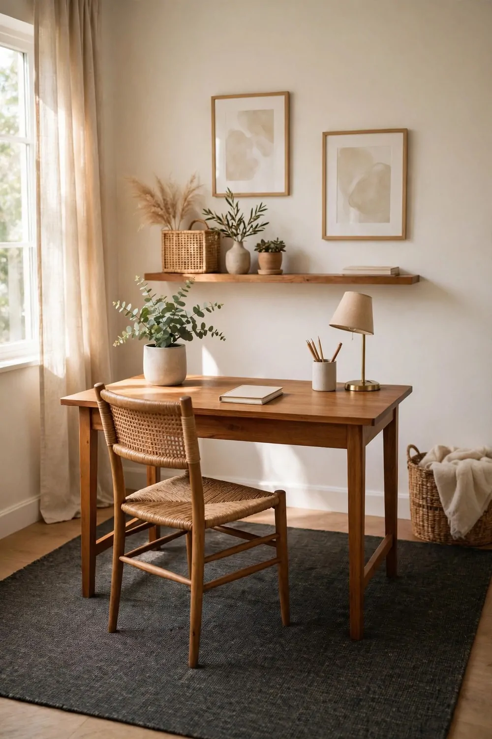 A wood desk and chair standing on a dark flat rug, the rug bigger than the desk and chair together, bright tidy office