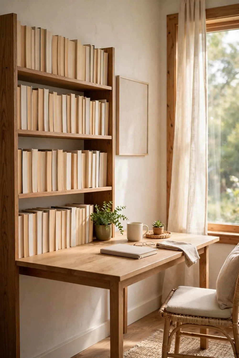 A bookshelf with books turned backwards so the cream page edges face out, a small green plant at the end of the shelf, calm and quiet look