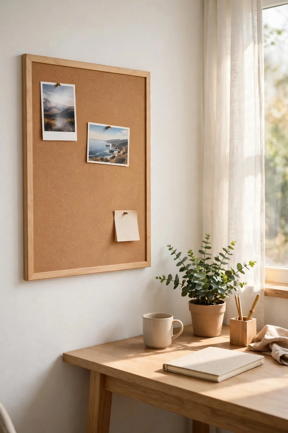 A cork board in a simple wood frame on a white wall beside a desk, one photo, one postcard and one small note pinned on it, mostly empty cork