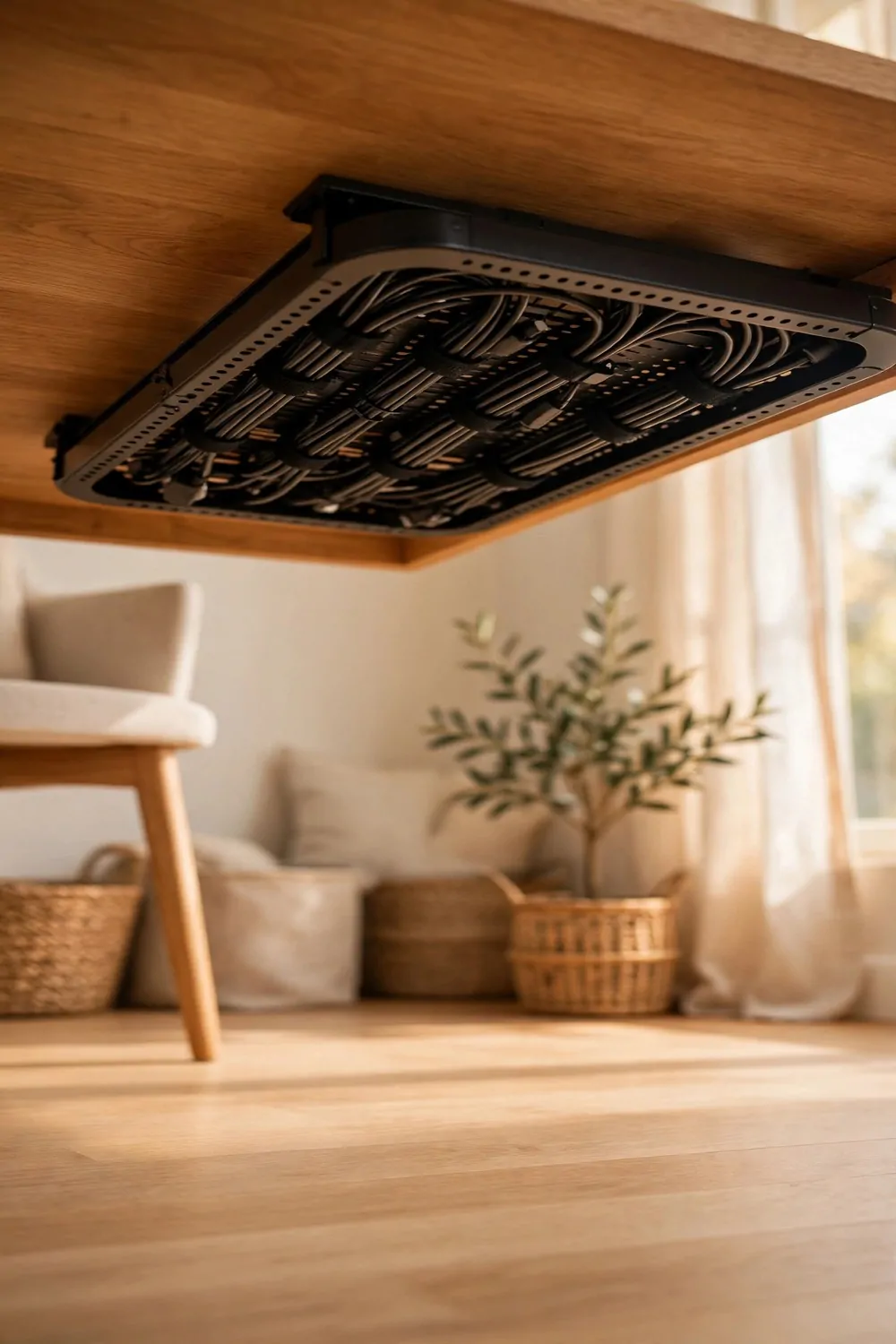 The tidy underside of a wood desk with a cable tray holding all cables off the floor, no cables hanging down, clean floor below