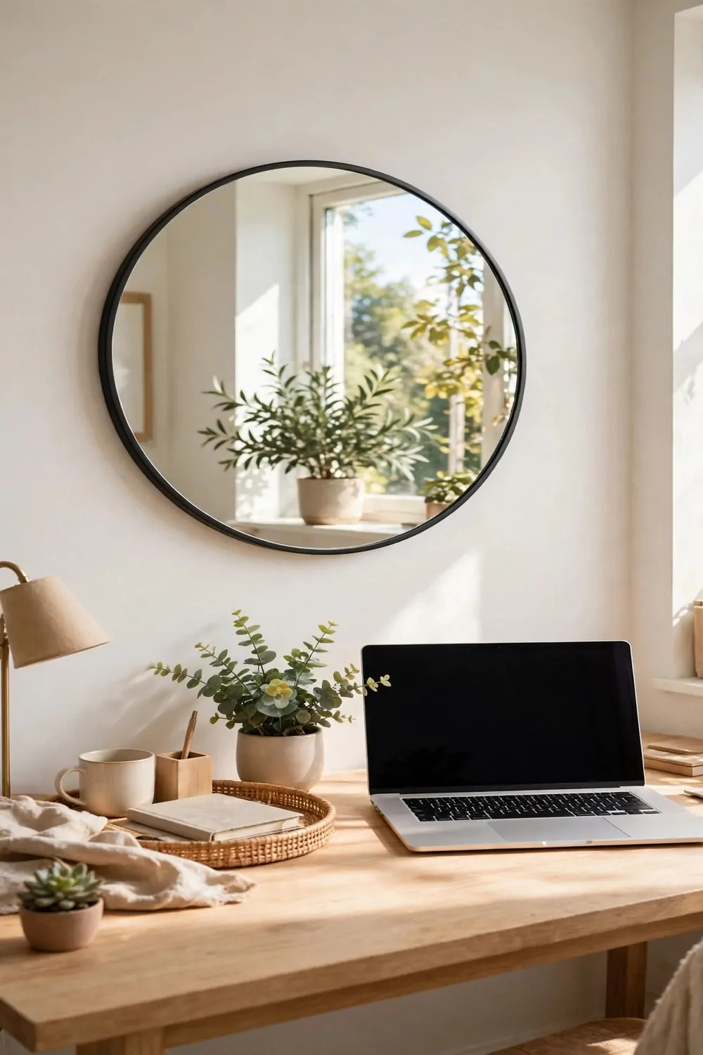 A round mirror with a thin black frame hanging on a white wall behind a desk, reflecting a bright window and a green plant, laptop on the desk