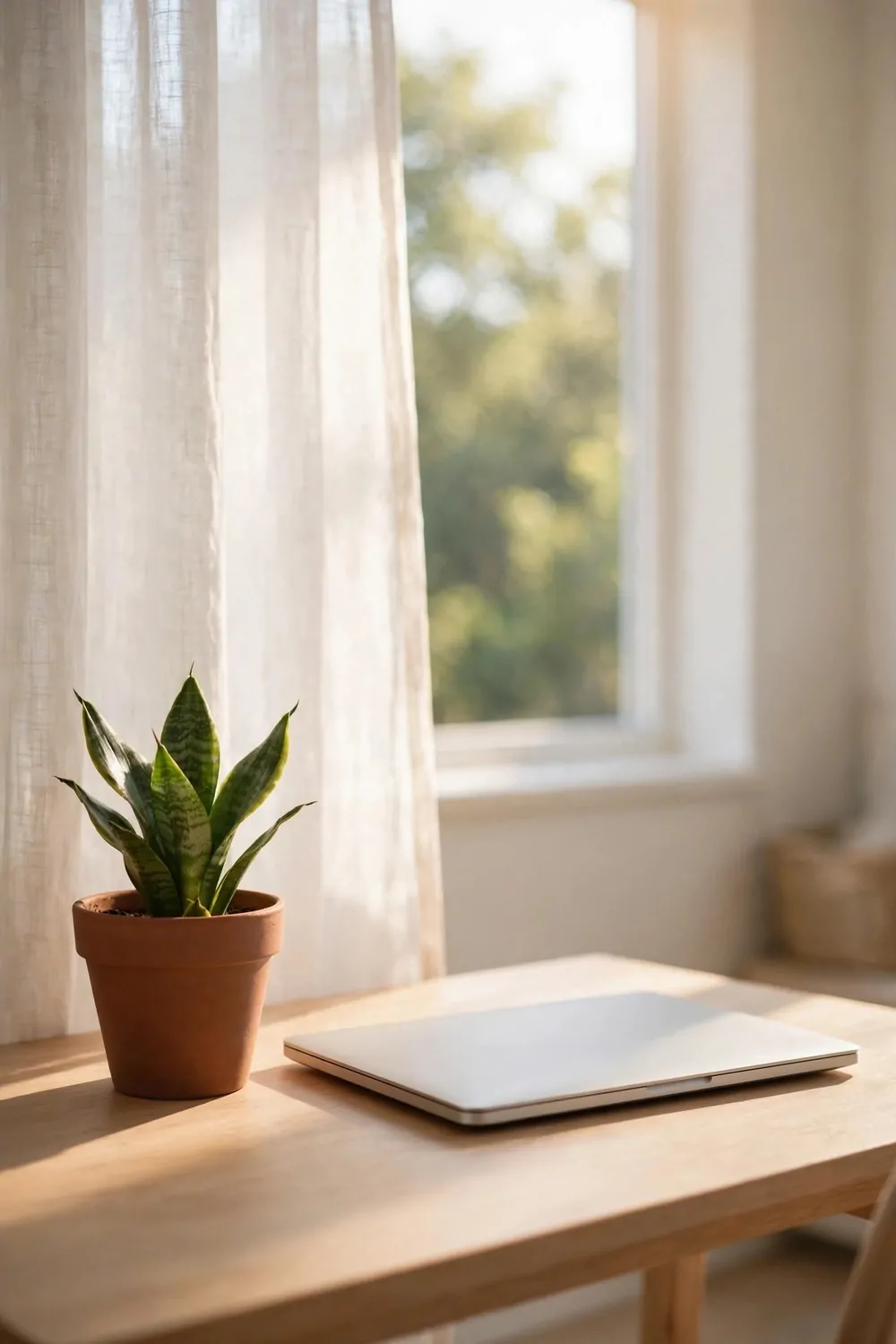 A small snake plant in a plain terracotta pot on a wood desk, closed laptop beside it, bright window light, tidy office