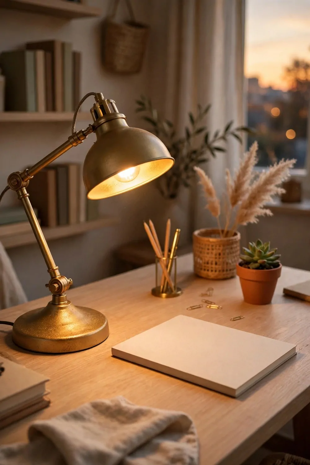 A desk lamp with a gold spray-painted base glowing warm on a wood desk, blank notebook beside it, evening light