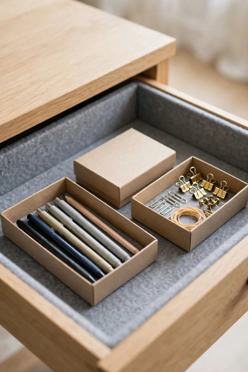 An open desk drawer lined with soft felt, two small open organiser boxes holding pens and small bits neatly, a small closed kraft box beside them
