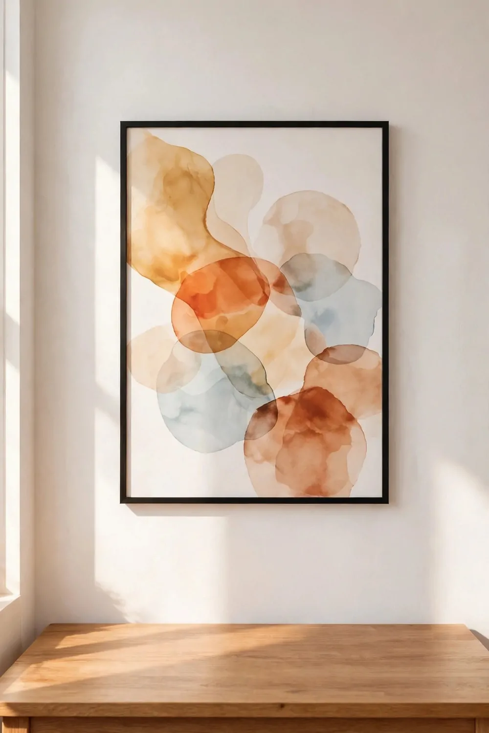 One large abstract print in a thin black frame hanging alone on a white wall above a tidy desk, nothing else on the wall