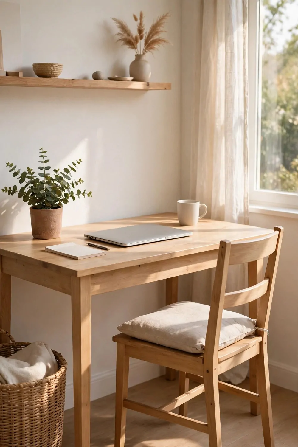 A wood chair with a plain linen cushion at a tidy desk, laptop on the desk, warm light, bright room