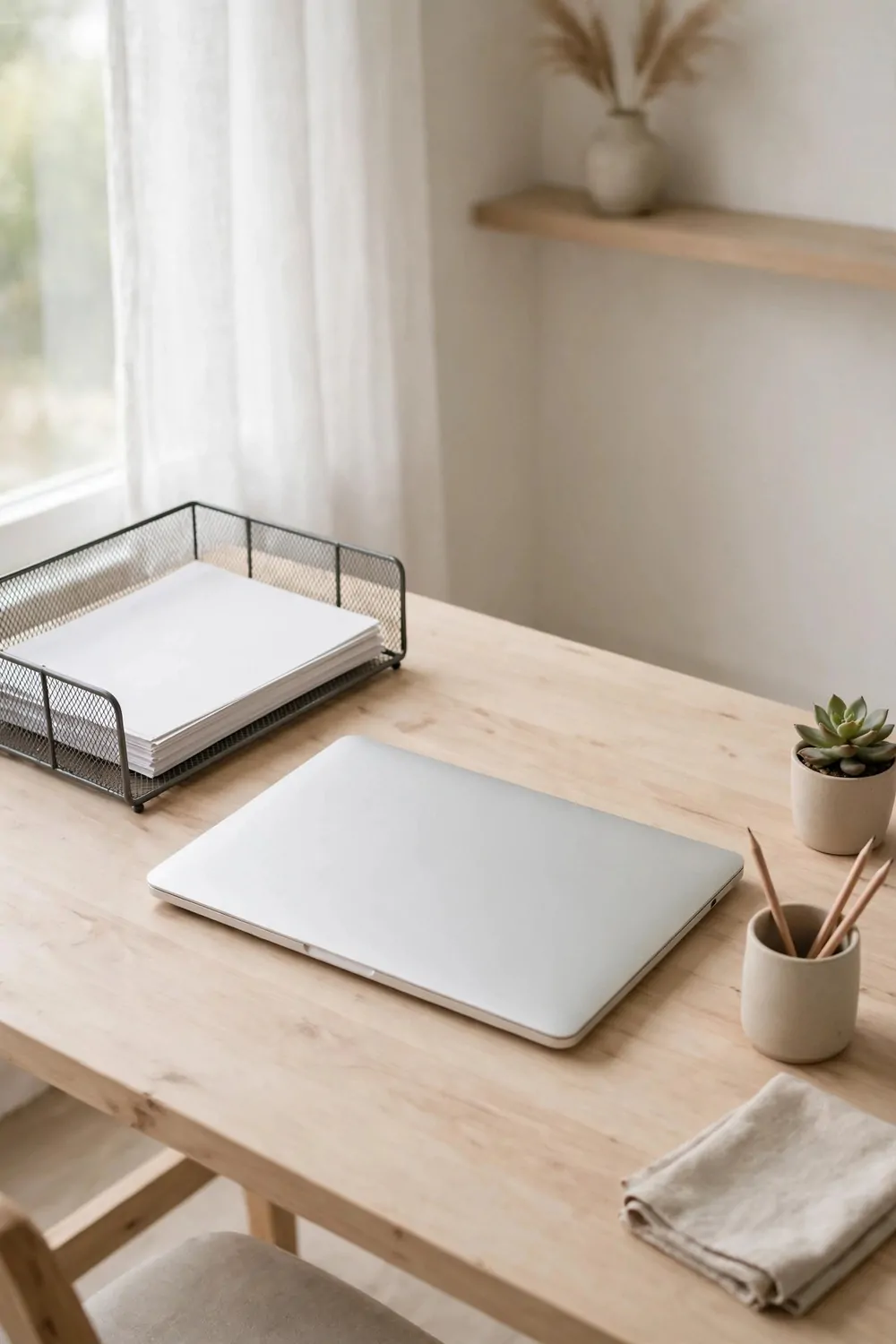 A neat mesh letter tray with a small stack of blank papers on the corner of a wood desk, laptop in the middle of the desk, everything tidy