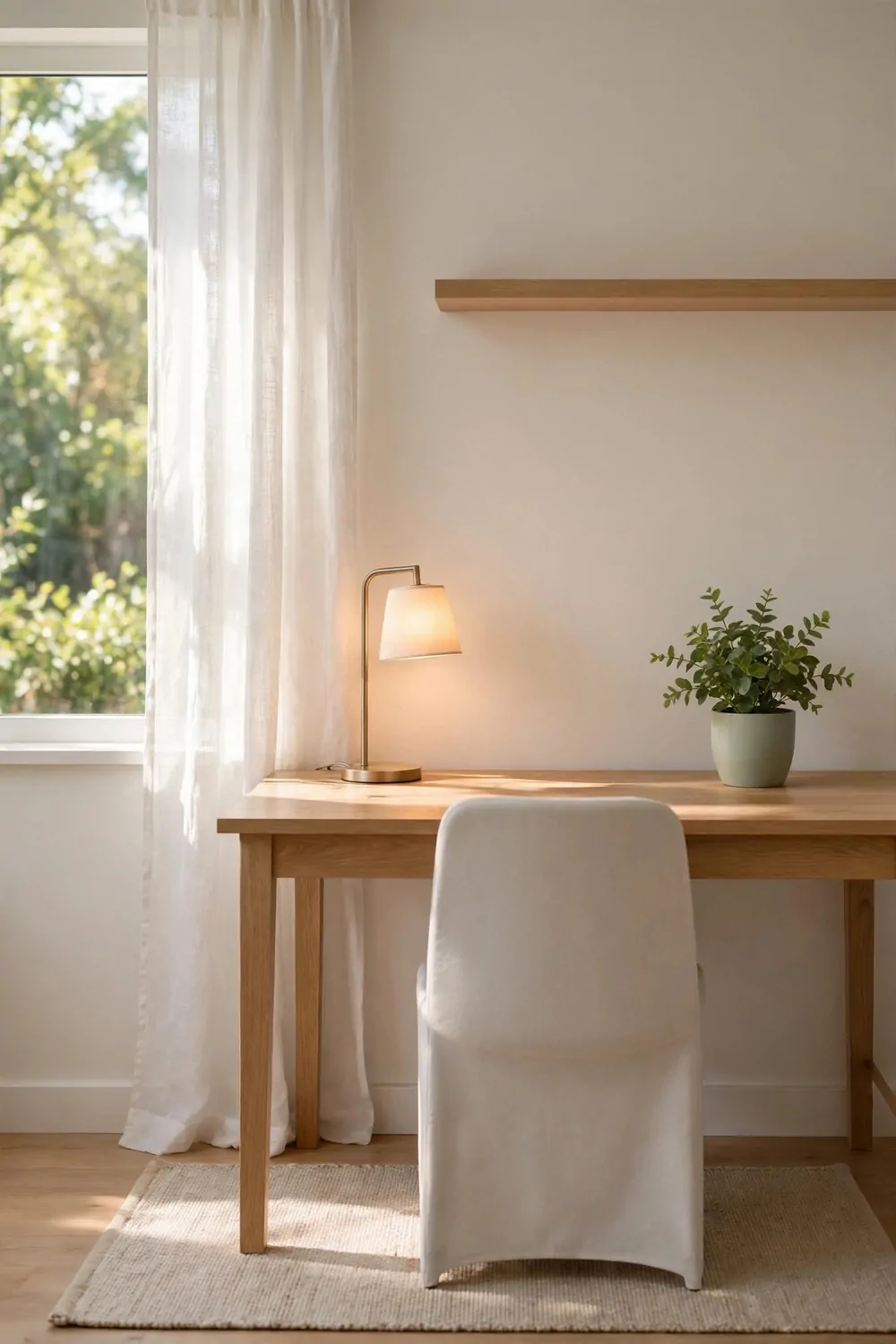 A bright tidy home office on a Sunday morning, desk clear, lamp glowing, plant on the desk, rug under the chair, everything in its place, calm and fresh