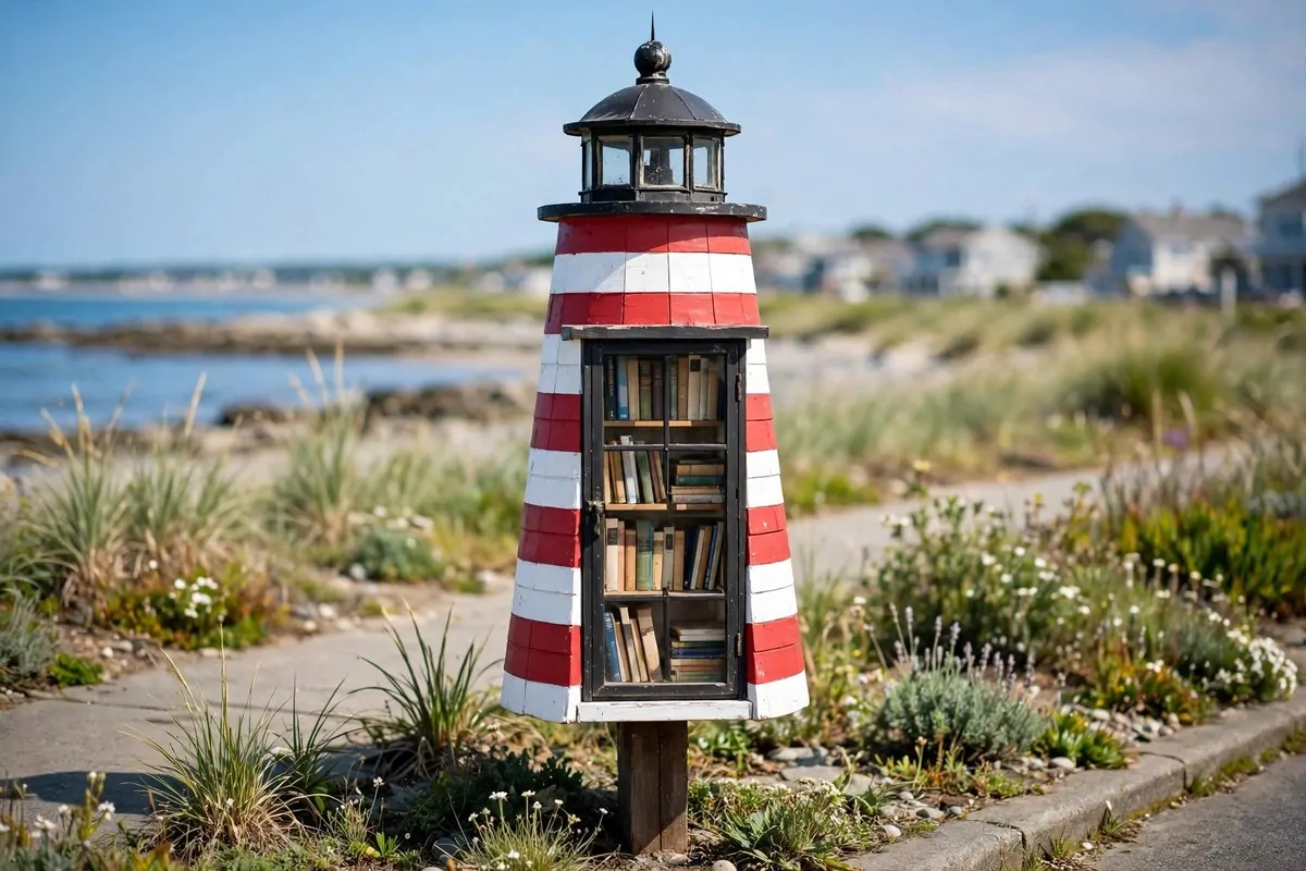 Lighthouse-shaped little free library with red and white stripes and a small lantern room on top