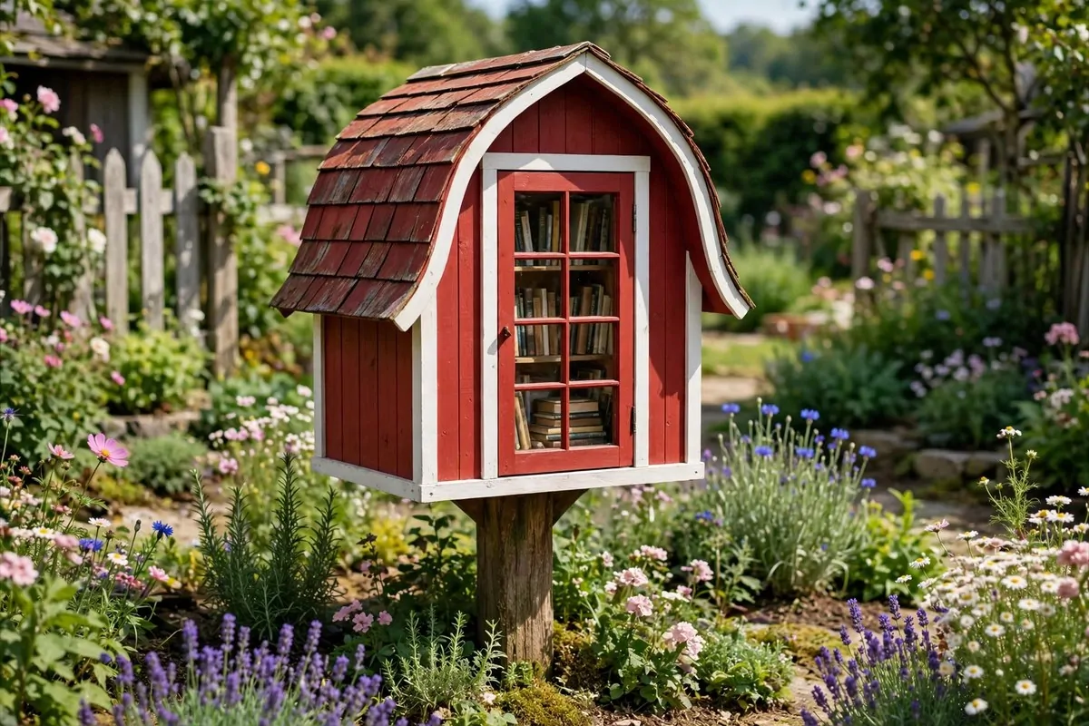 Tiny red barn-shaped little free library with white trim and gambrel roof in a garden setting