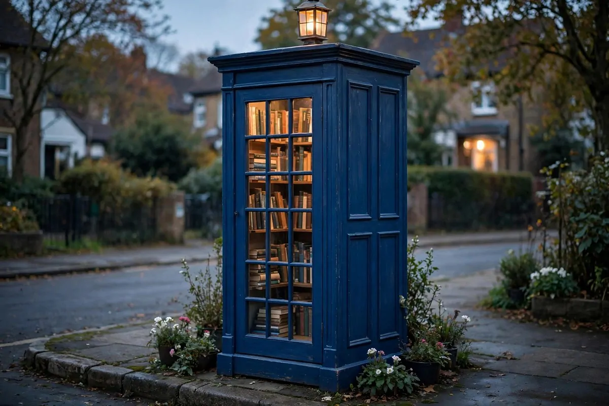 Deep blue box-shaped little free library with lantern top and paneled sides on a sidewalk