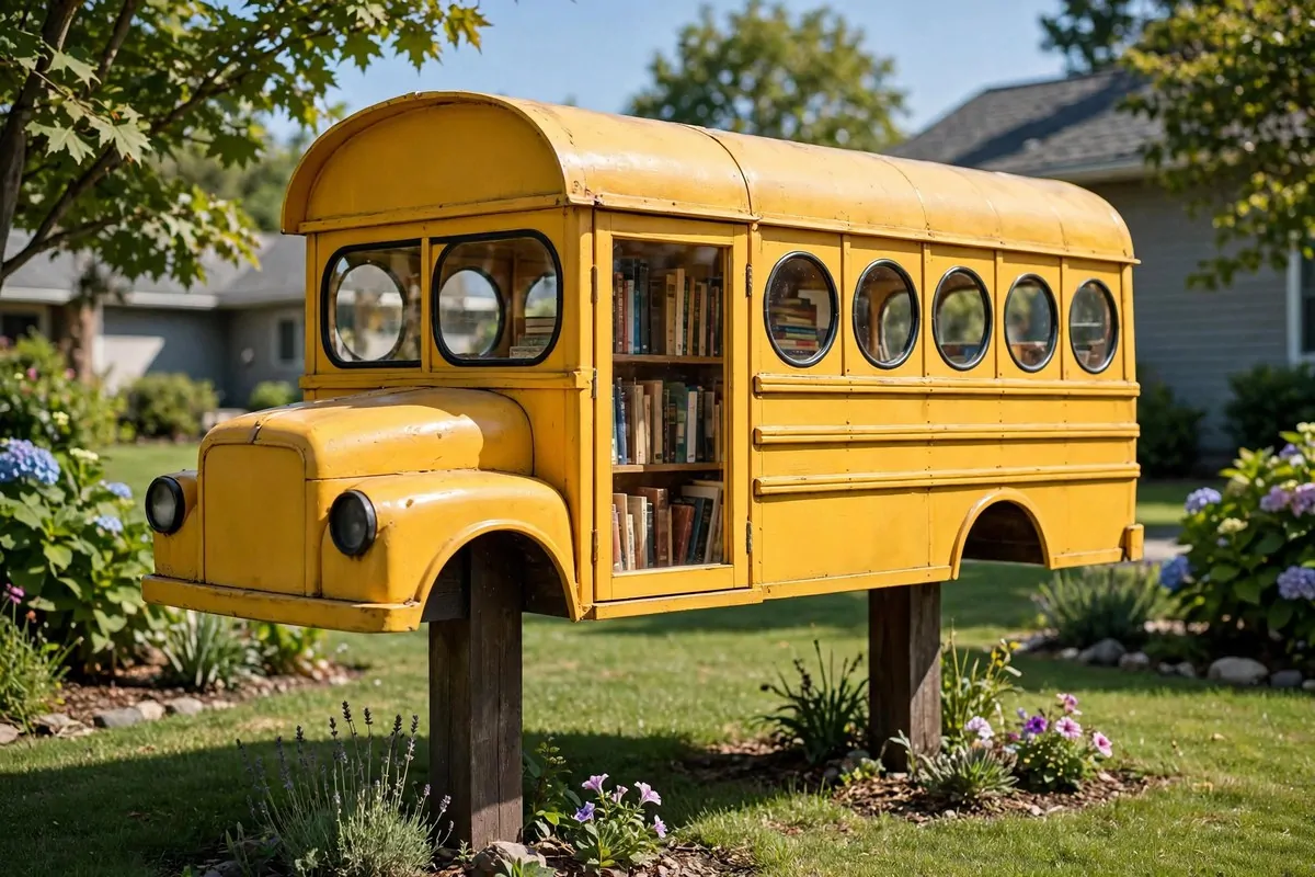 Yellow school bus-shaped little free library with curved roof and round windows in a front yard