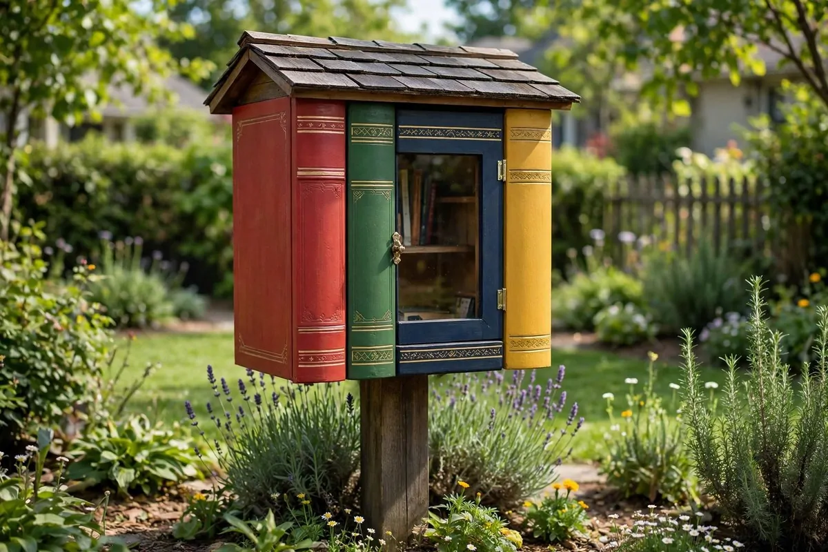 Little free library painted to look like a row of colorful book spines with titles