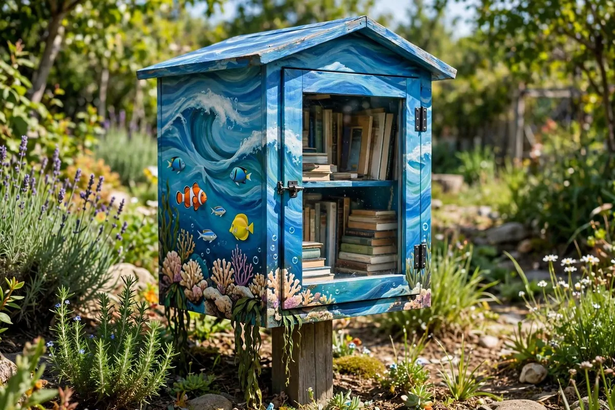 Little free library painted with ocean waves, fish and coral reef in bright colors