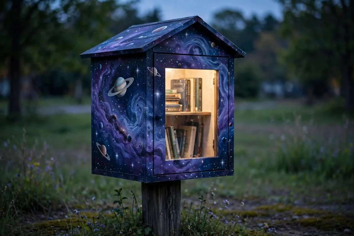 Little free library painted like a night sky with swirling galaxy, stars and planets