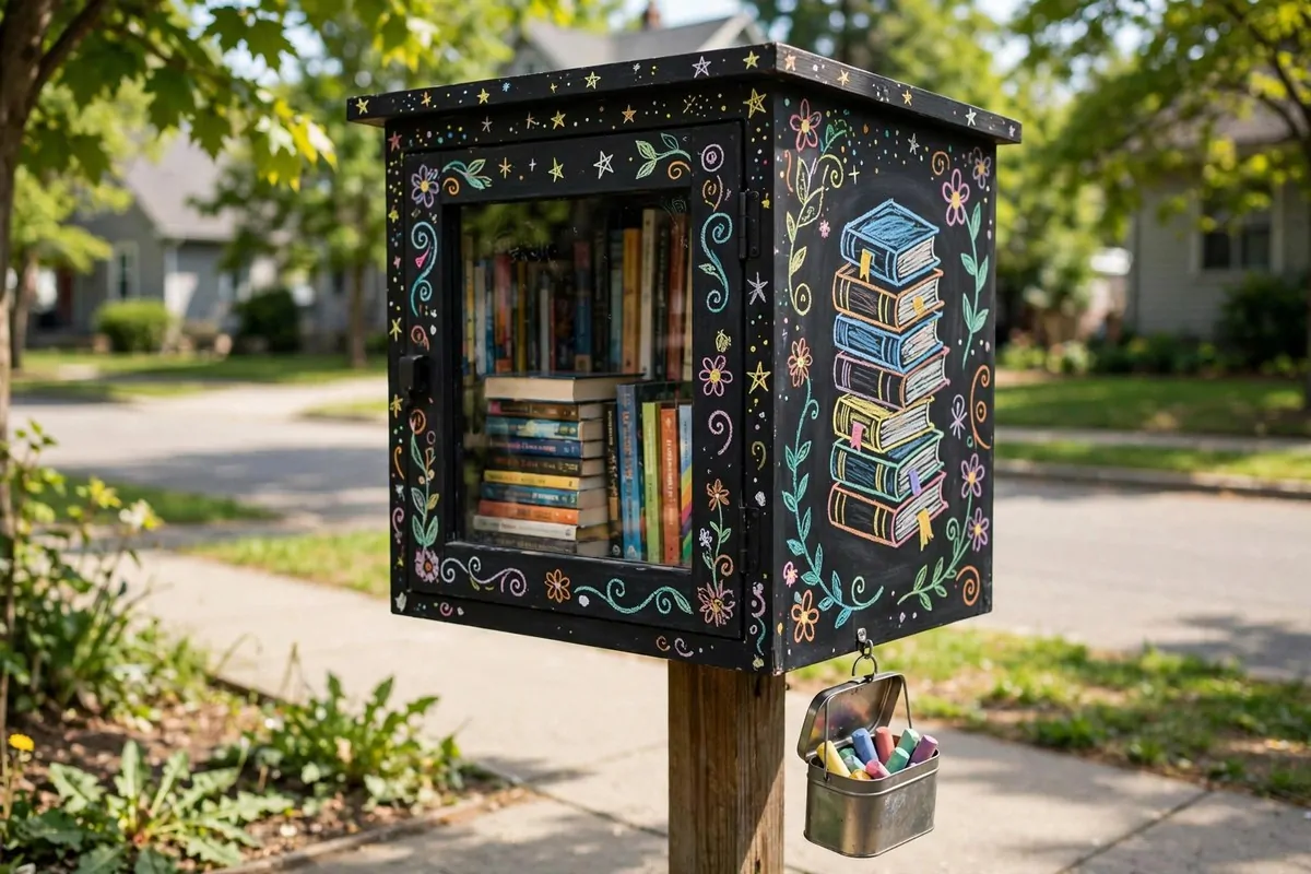 Black chalkboard-painted little free library with colorful chalk drawings and doodles on its sides