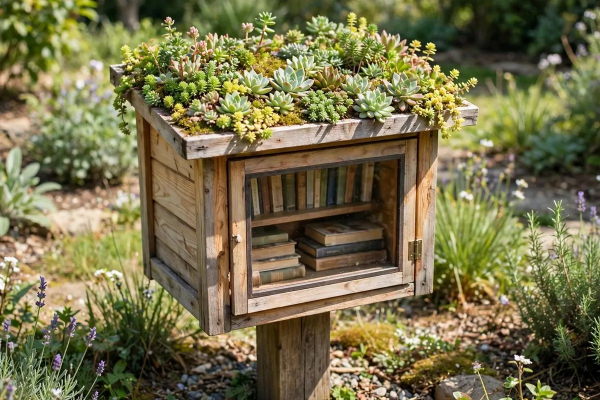 Little free library with a living green roof of succulents and small plants on top