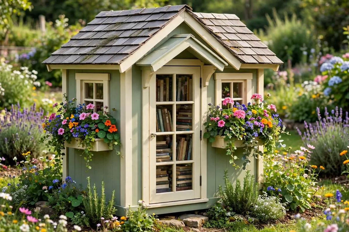 Cottage-style little free library with tiny window boxes of flowers and faux shingle details