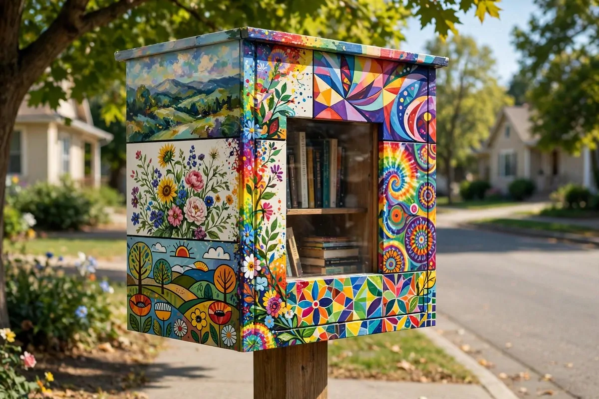 Little free library painted as a colorful community mural with many different artistic sections