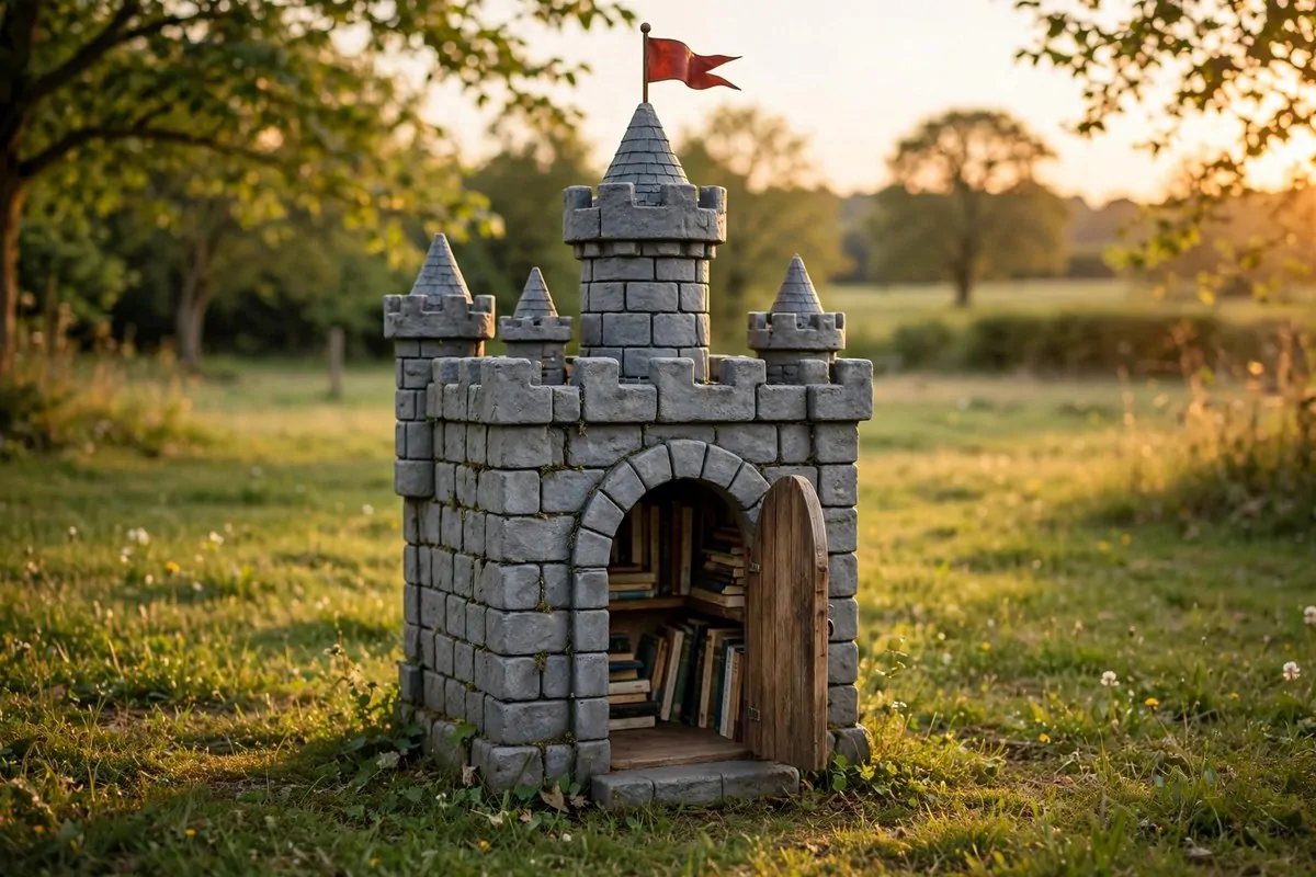 Fairy tale castle-themed little free library with painted stone walls, tiny turrets and a drawbridge door