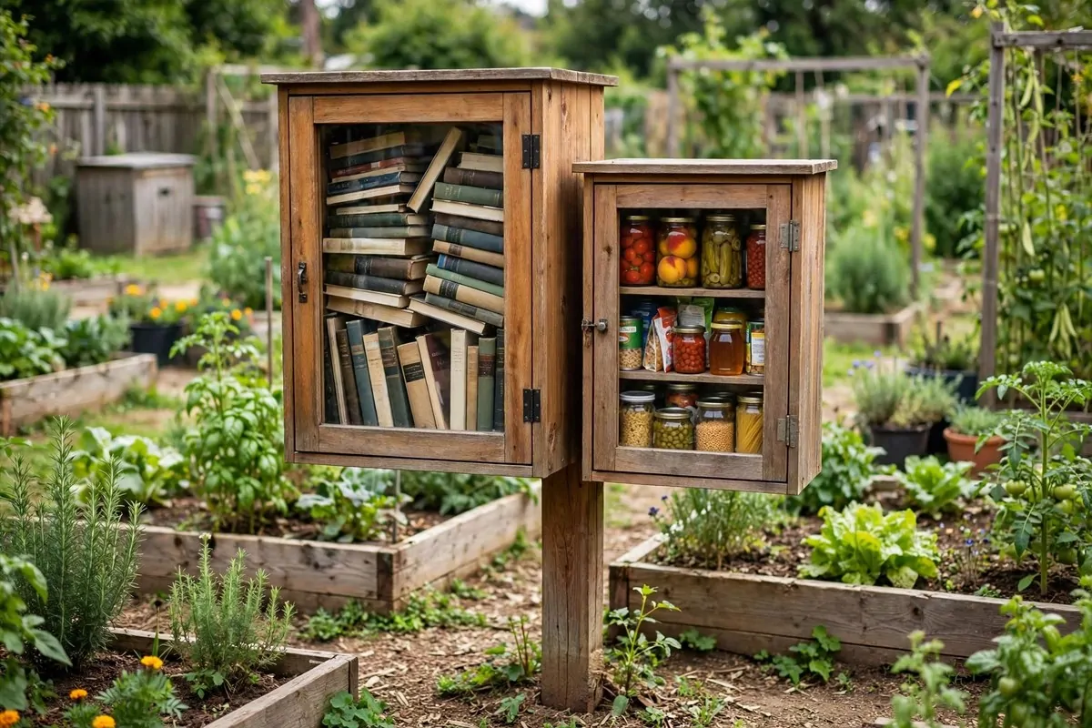 Little free library with an attached small pantry cabinet stocked with canned food beside the books