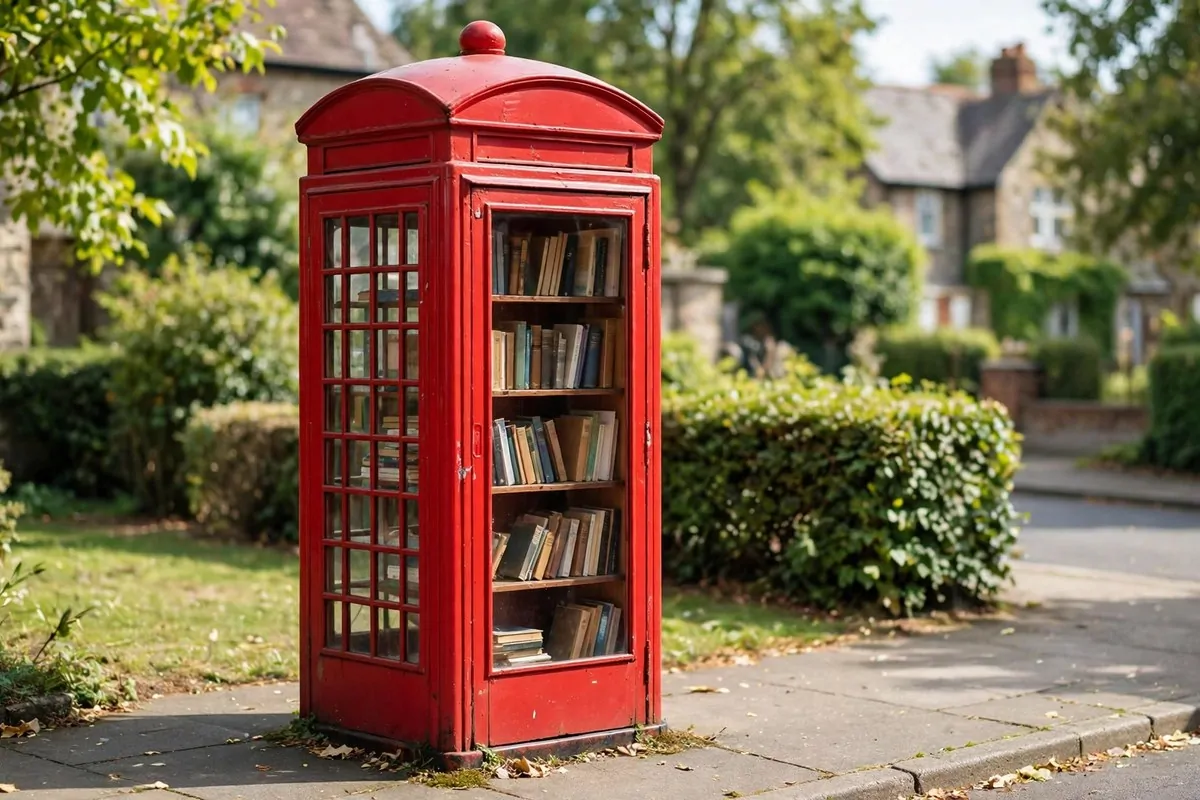 Red British phone booth-style little free library with paneled glass door on a neighborhood sidewalk