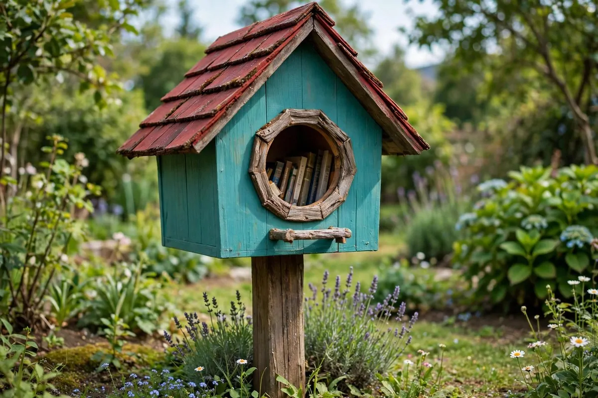 Oversized birdhouse-style little free library on a tall wooden post with round entrance hole