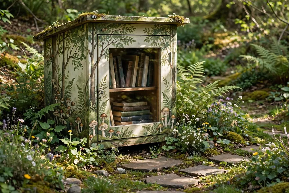 Woodland-themed little free library nestled among garden flowers with painted trees and forest animals