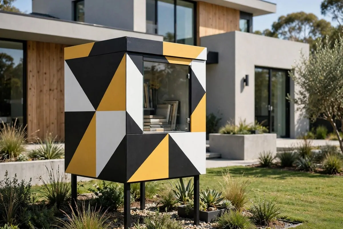 Modern little free library painted with bold geometric patterns in black, white and mustard yellow