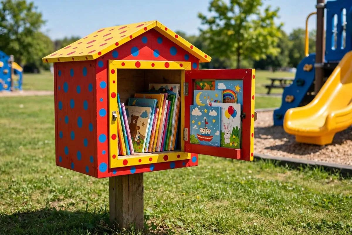 Low, kid-sized little free library in bright cheerful colors with picture books visible inside