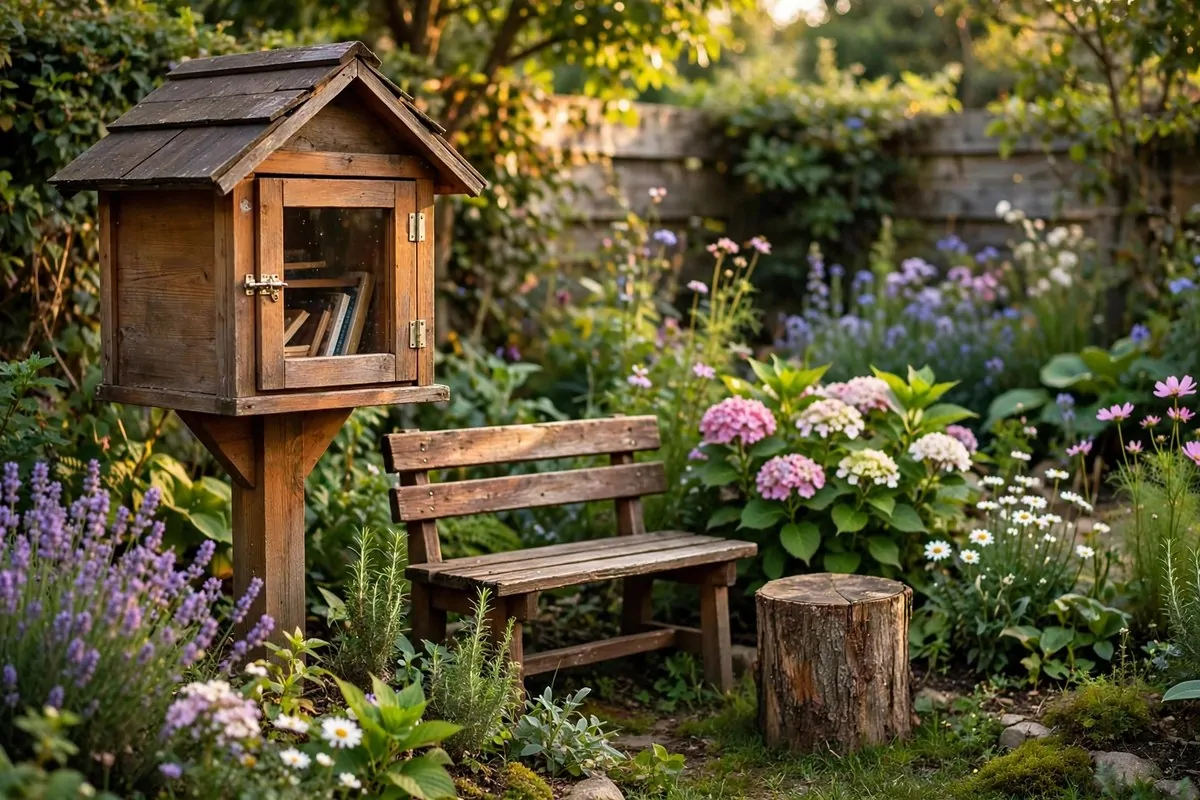 Little free library on a post with a small wooden bench beside it for reading, surrounded by plants